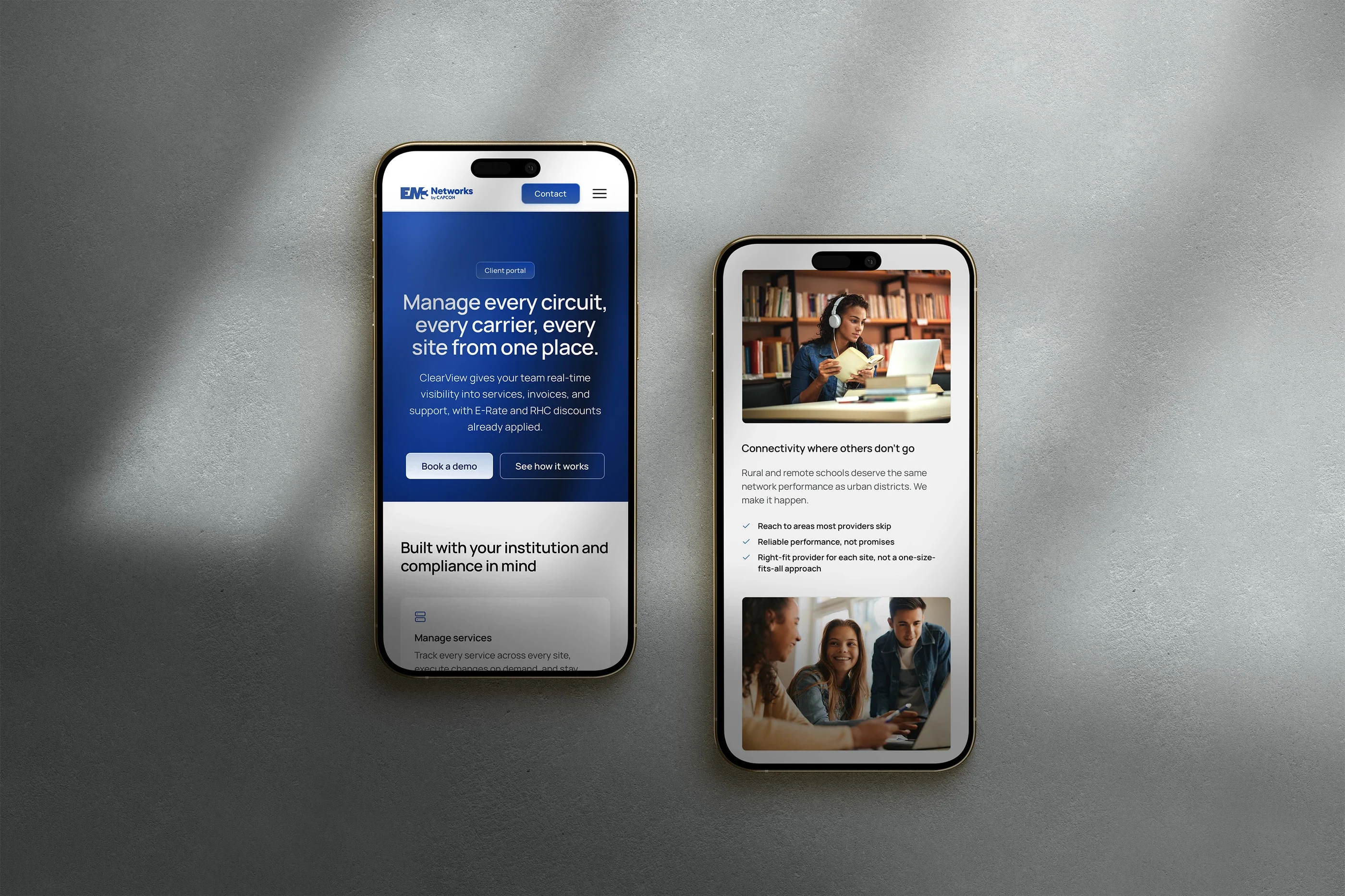 Two phones lying side by side on grey stone: the ClearView page, 'Manage every circuit, every carrier, every site from one place.', on one, and 'Connectivity where others don't go' from the home page on the other